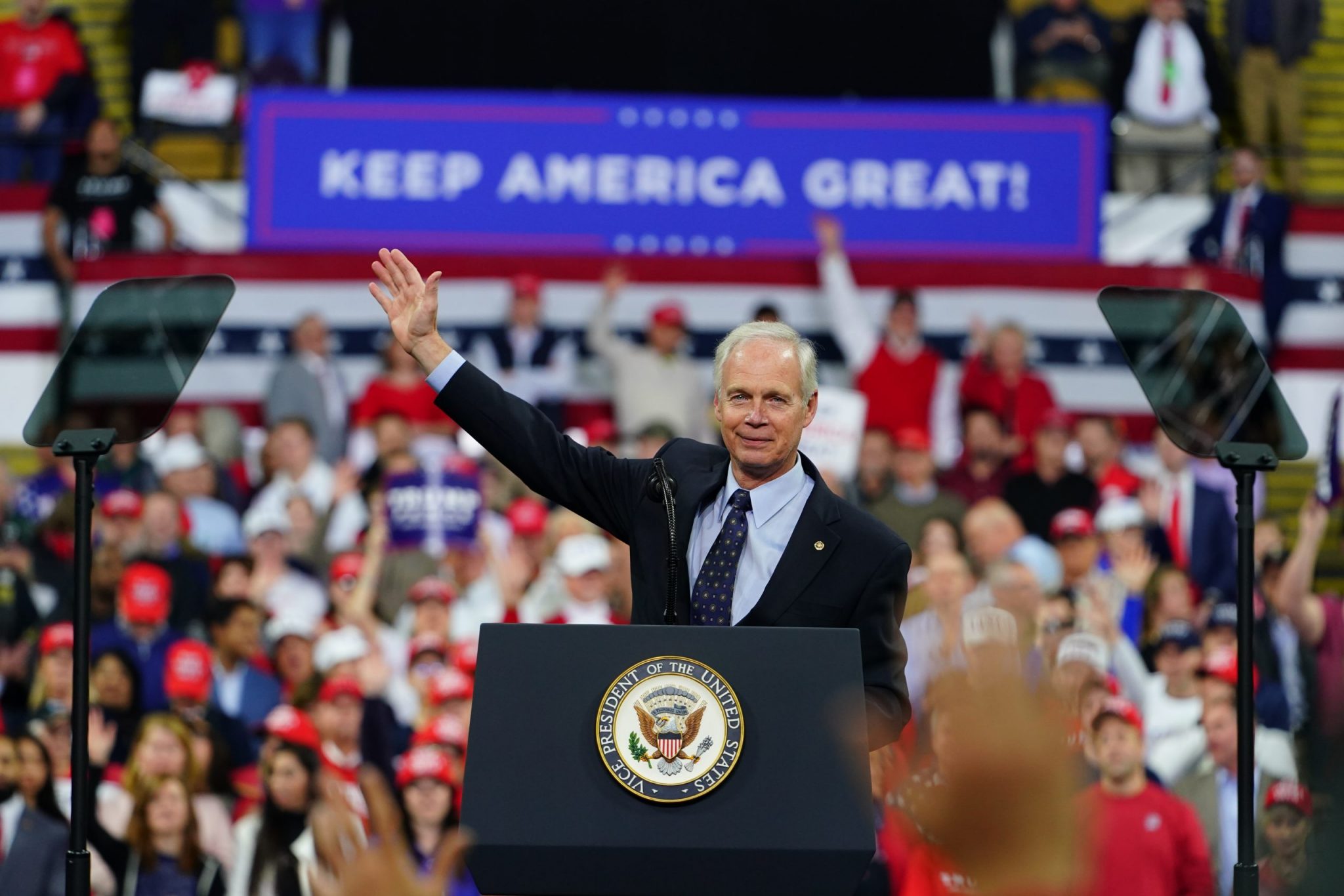 Ron Johnson Wisconsin Republican Senator gave a powerful speech at President Donald Trump Rally at UW-Milwaukee Panther Arena to a crowd of supporters