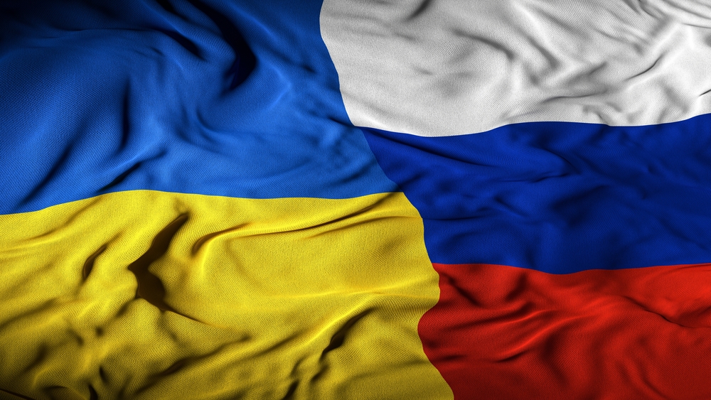 Ukraine - Russia Combined Flag | Ukrainian and Russian Conflict Tension | Truce, Unity, Peace, War Relations Concept - 3D Illustration