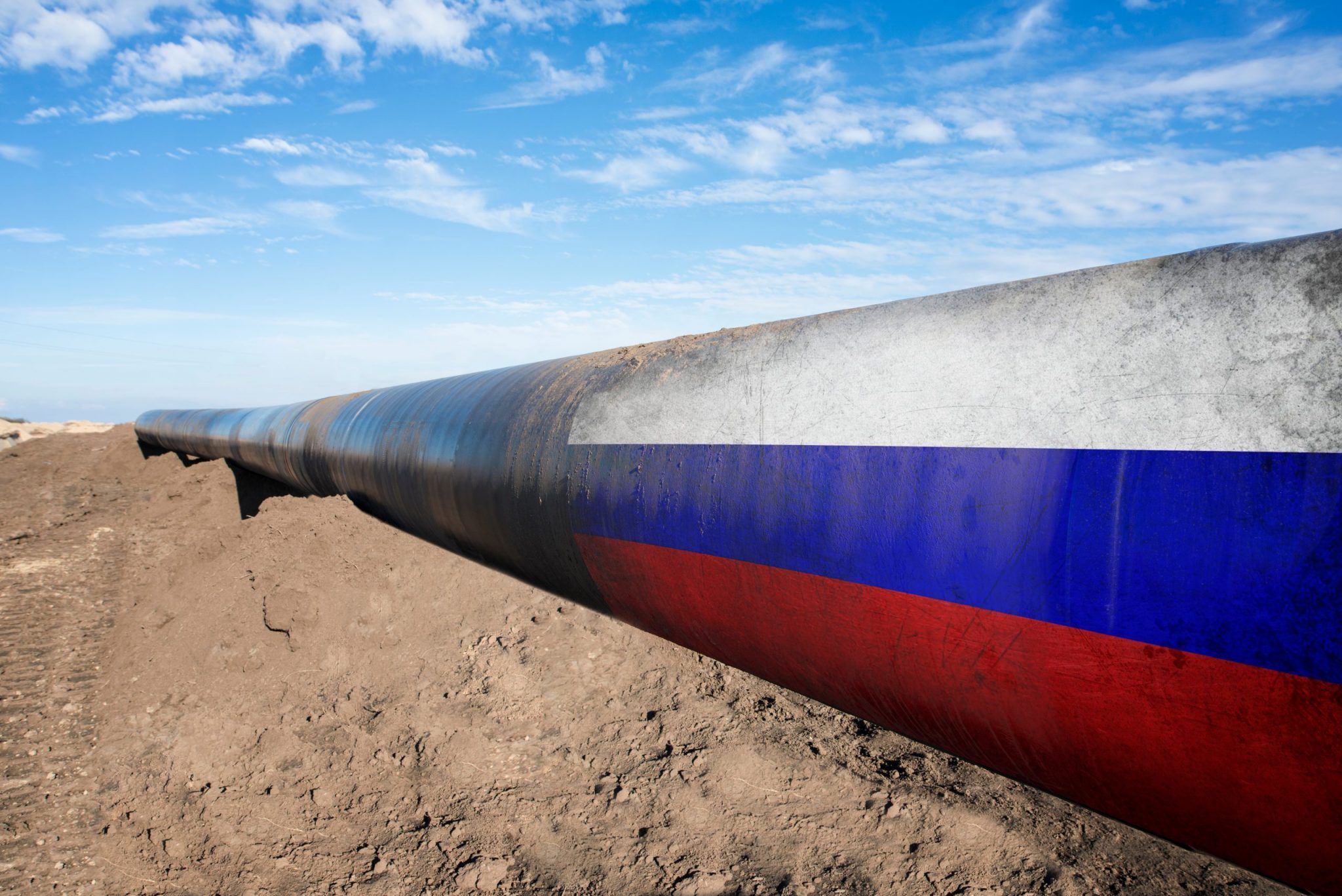 Gas pipeline with Russian flag. Concept of natural gas distribution through pipes with Russian flag on it.