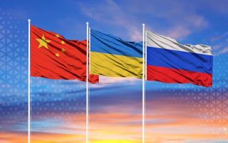 Flags of Russia, Ukraine and China The concept of tense relations between Russia and Ukraine