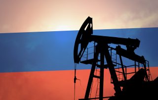 Oil pump on background of flag of Russia