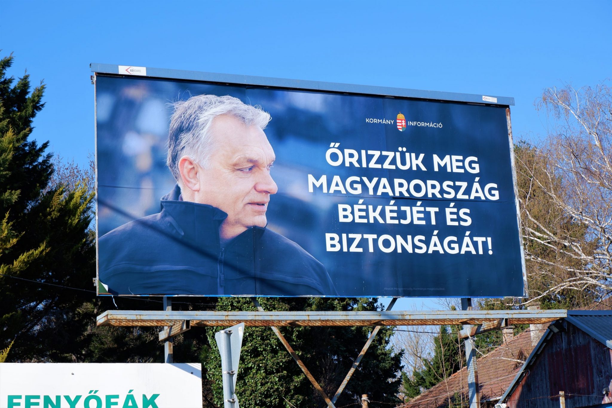 Budapest, Hungary - March 24, 2022: "Let's preserve the peace and security of Hungary!" fidesz parliamentary election campaign poster with picture of Prime Minister Viktor Orban