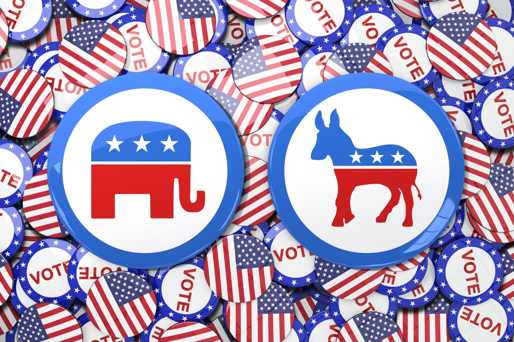 Republican and Democratic symbols on top of vote and american flag pins