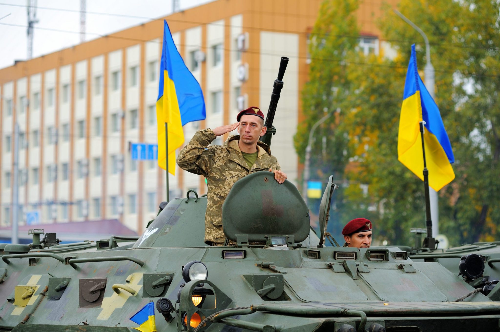 Severodonetsk, Ukraine - October 14, 2021. A military parade in honor of the Day of Defenders of Ukraine in front-line Severodonetsk.