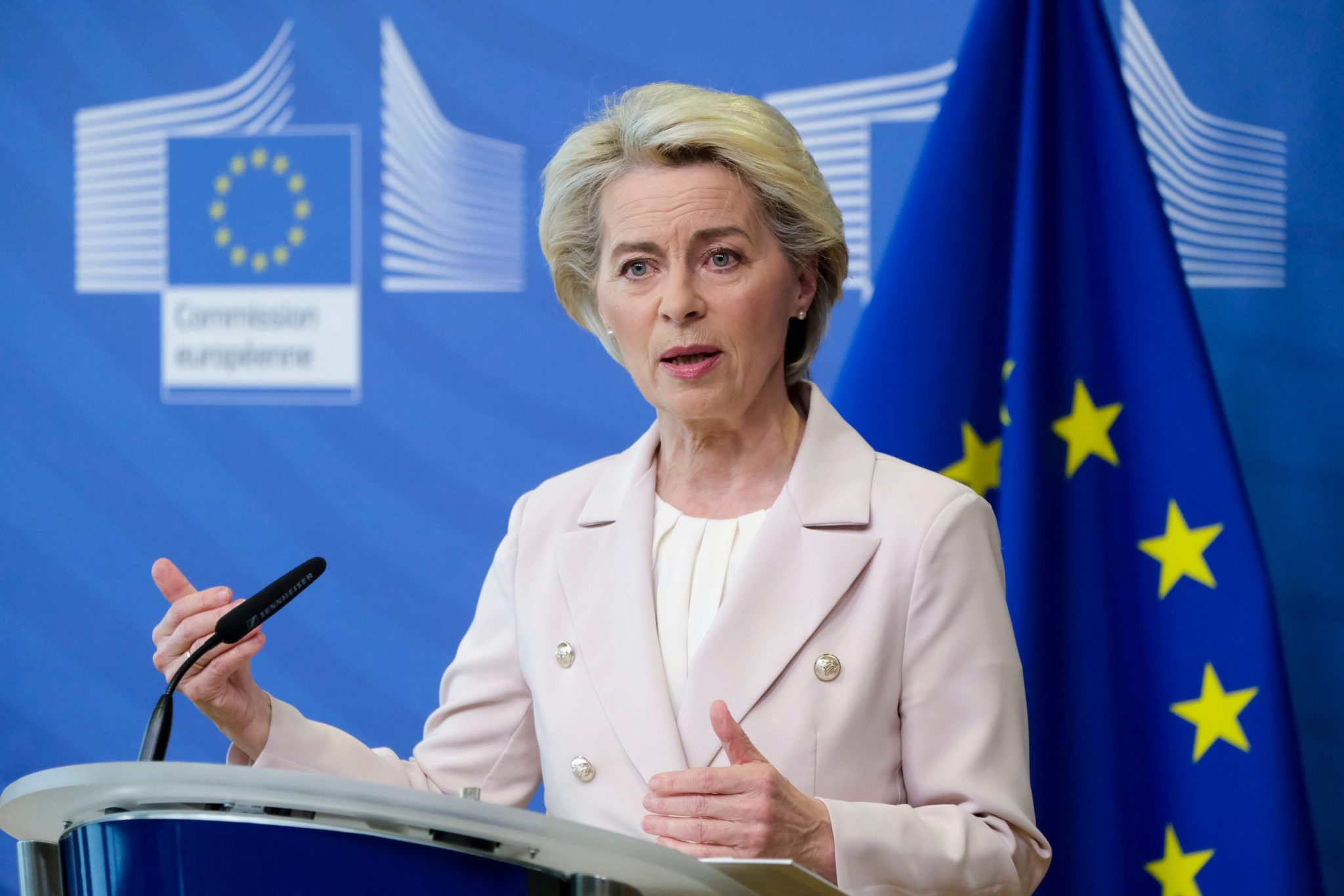 EU Commission President Ursula von der Leyen gives a presser following the announcement by Gazprom on the disruption of gas deliveries to certain EU Member States, in Brussels, Belgium, 27 April 2022