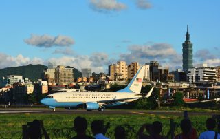 Taipei, Taiwan - 8／3／2022: US House Speaker Nancy Pelosi's special plane is ready to take off from Songshan, Taipei.
