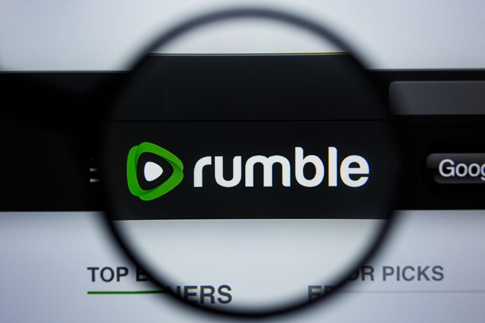 Los Angeles, California, USA - 21 Jule 2019: Illustrative Editorial of RUMBLE.COM website homepage. RUMBLE logo visible on display screen