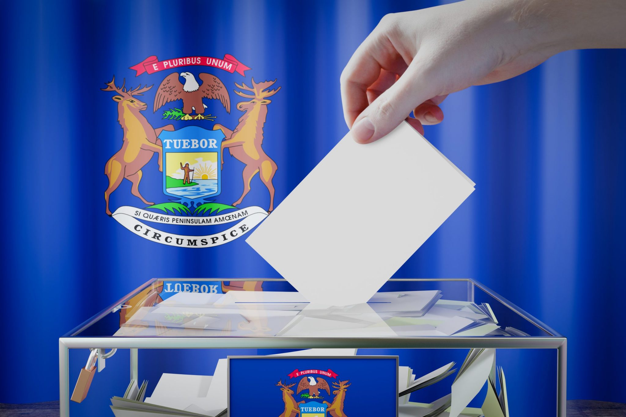 Michigan flag, hand dropping ballot card into a box - voting, election concept - 3D illustration