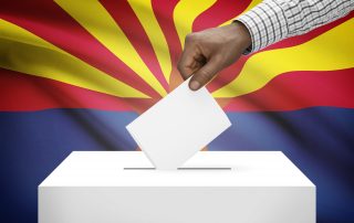 Voting concept - Ballot box with US state flag on background - Arizona