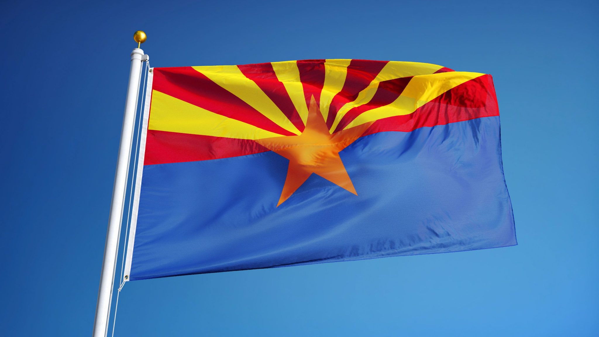 Arizona (U.S. state) flag waving against clear blue sky, close up, isolated with clipping path mask alpha channel transparency, perfect for film, news, composition