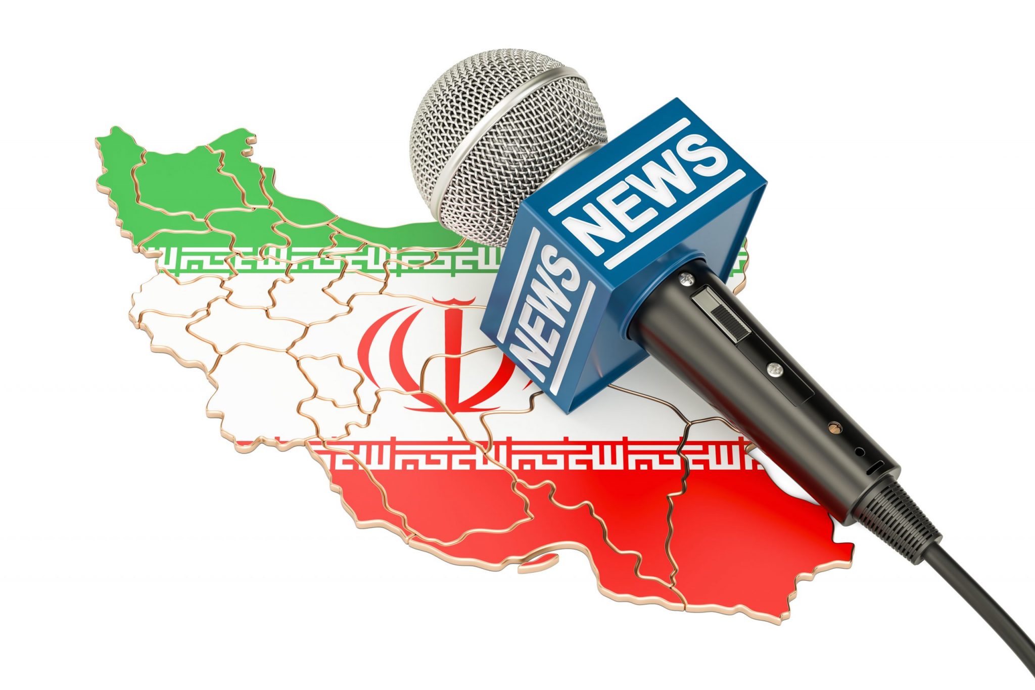 Iranian News concept, microphone news on the map of Iran