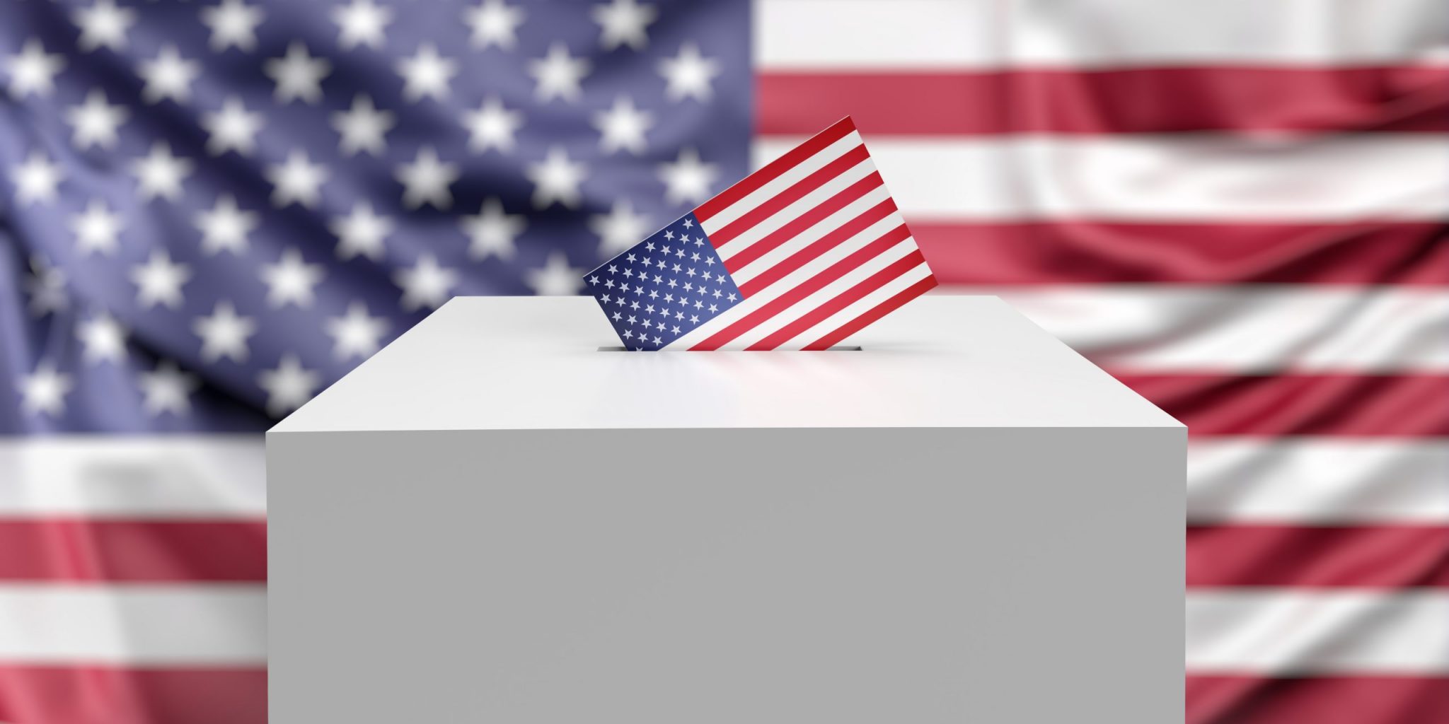 Inserting US flagged voting envelope in white ballot box on American flag background with copy space.
