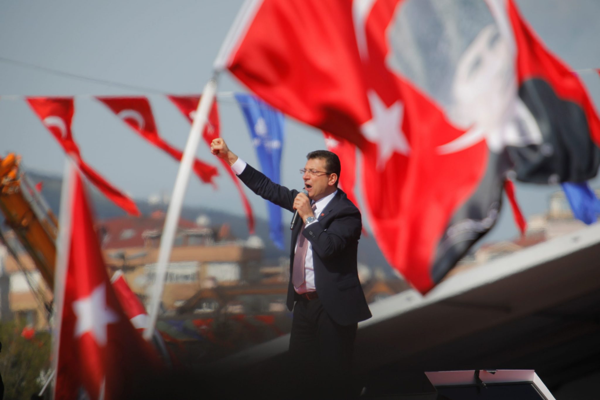 Mayor of Istanbul Ekrem Imamoglu of the main opposition Republican People's Party (CHP) addresses his supporters during a rally in Istanbul, Turkey, April 21, 2019.