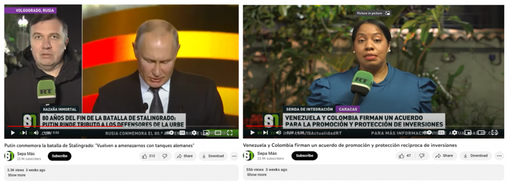 Sepa Más videos in which reporters are holding RT-branded microphones.