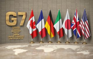 G7 summit or meeting concept. Row from flags of members of G7 group of seven and list of countries, 3d illustration
