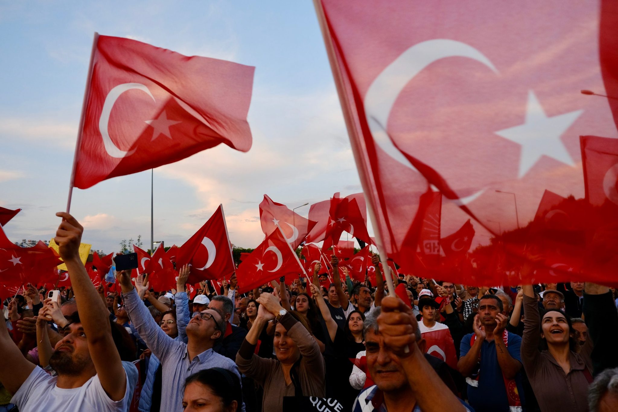 Antalya, Türkiye, 7 Mayıs 2023: Turkish people gathered at a rally in Antalya to express their support for the opposition leader, Kemal Kilicdaroglu. Presidential elections of 2023, TURKEY.