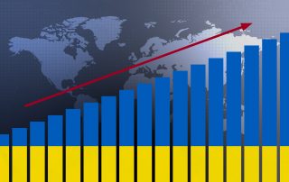 Ukraine flag on bar chart concept with increasing values, economic recovery and business improving after crisis and other catastrophe as economy and businesses reopen again