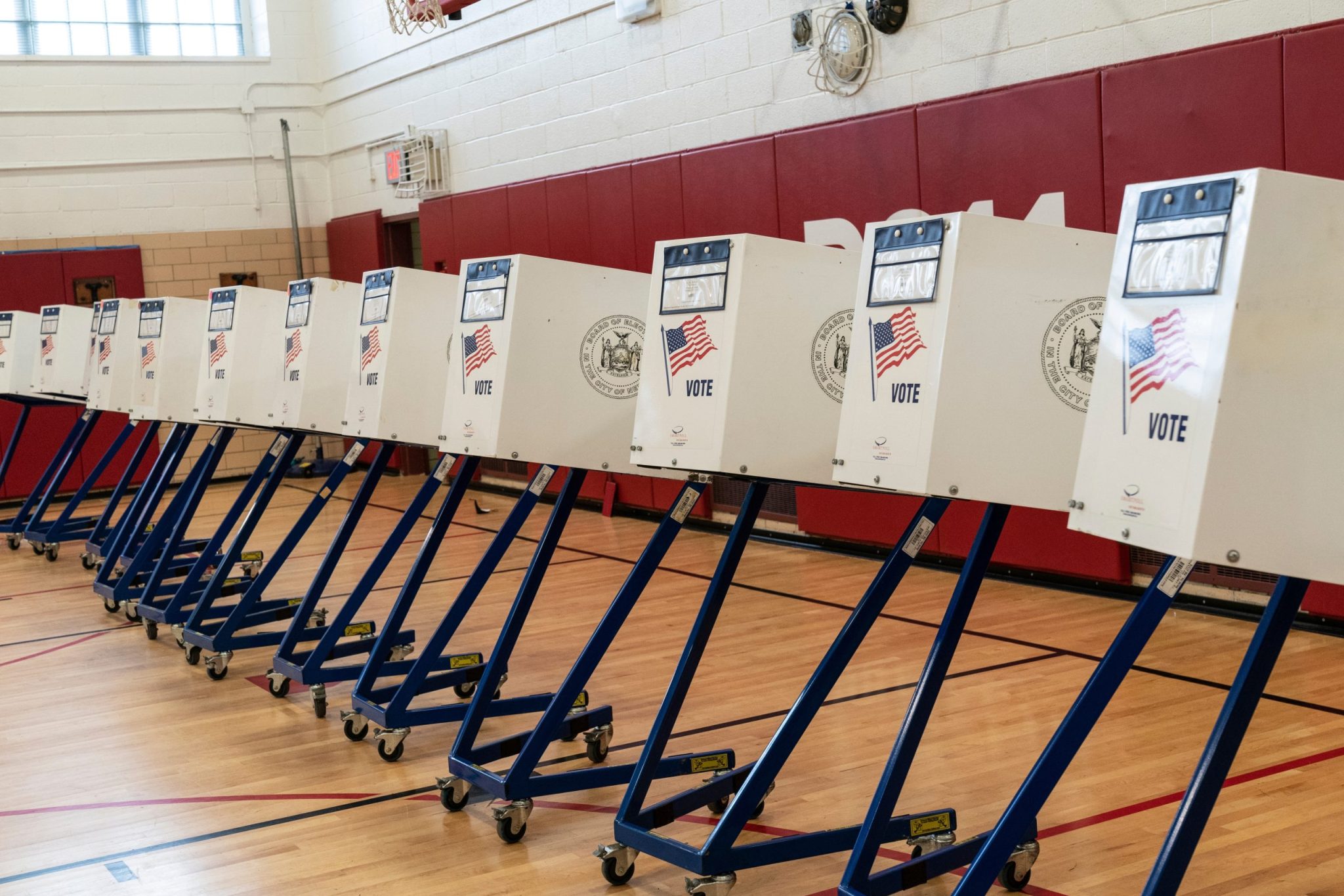 New York, NY - August 23, 2022: Voting booths seen at polling station during Democratic primaries at a school
