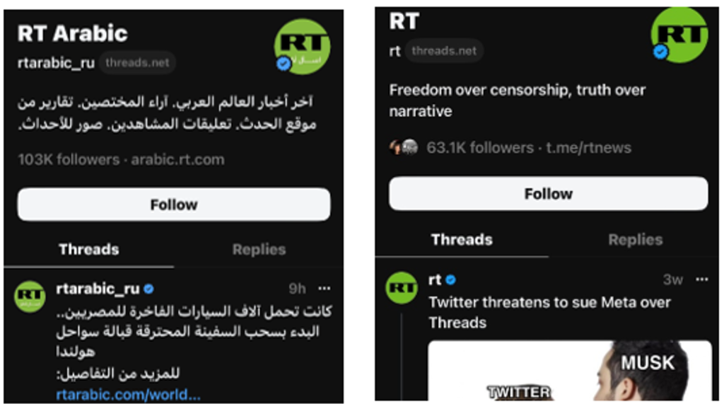 RT Arabic and RT’s Threads accounts on August 1, 2023. 