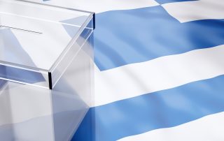 Transparent Ballot box on blue and white color Greece flag background.